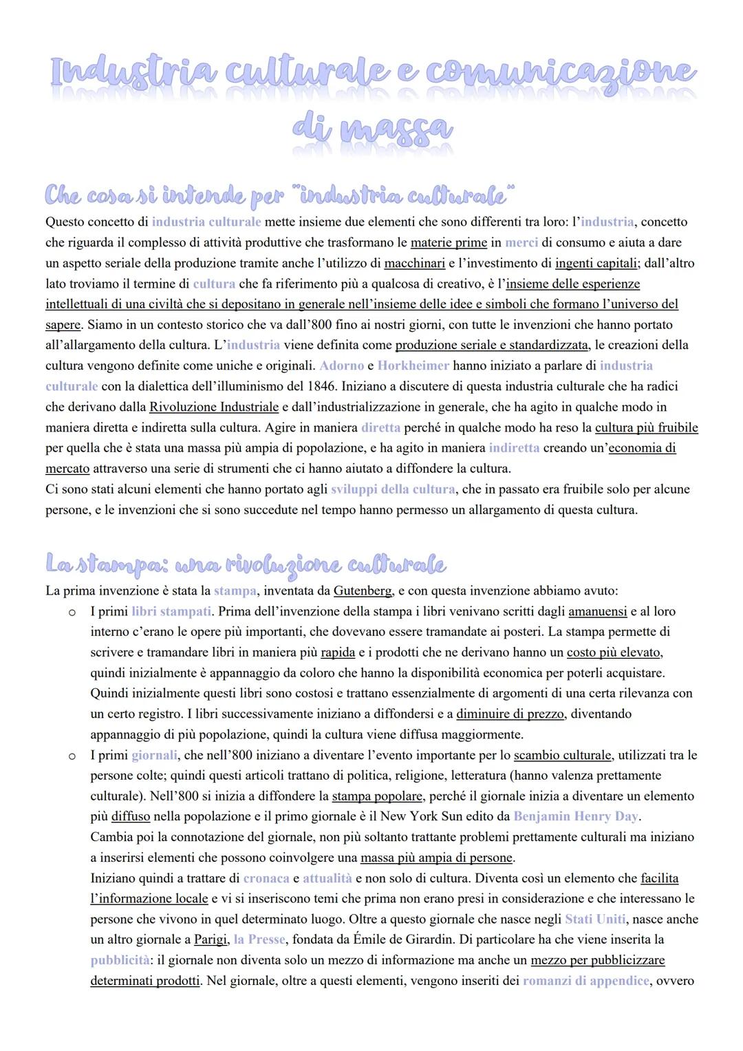 # Industria culturale e comun
le e comunicazione
di massa

Che cosa si intende per "industria culturale"

Questo concetto di industria cultu