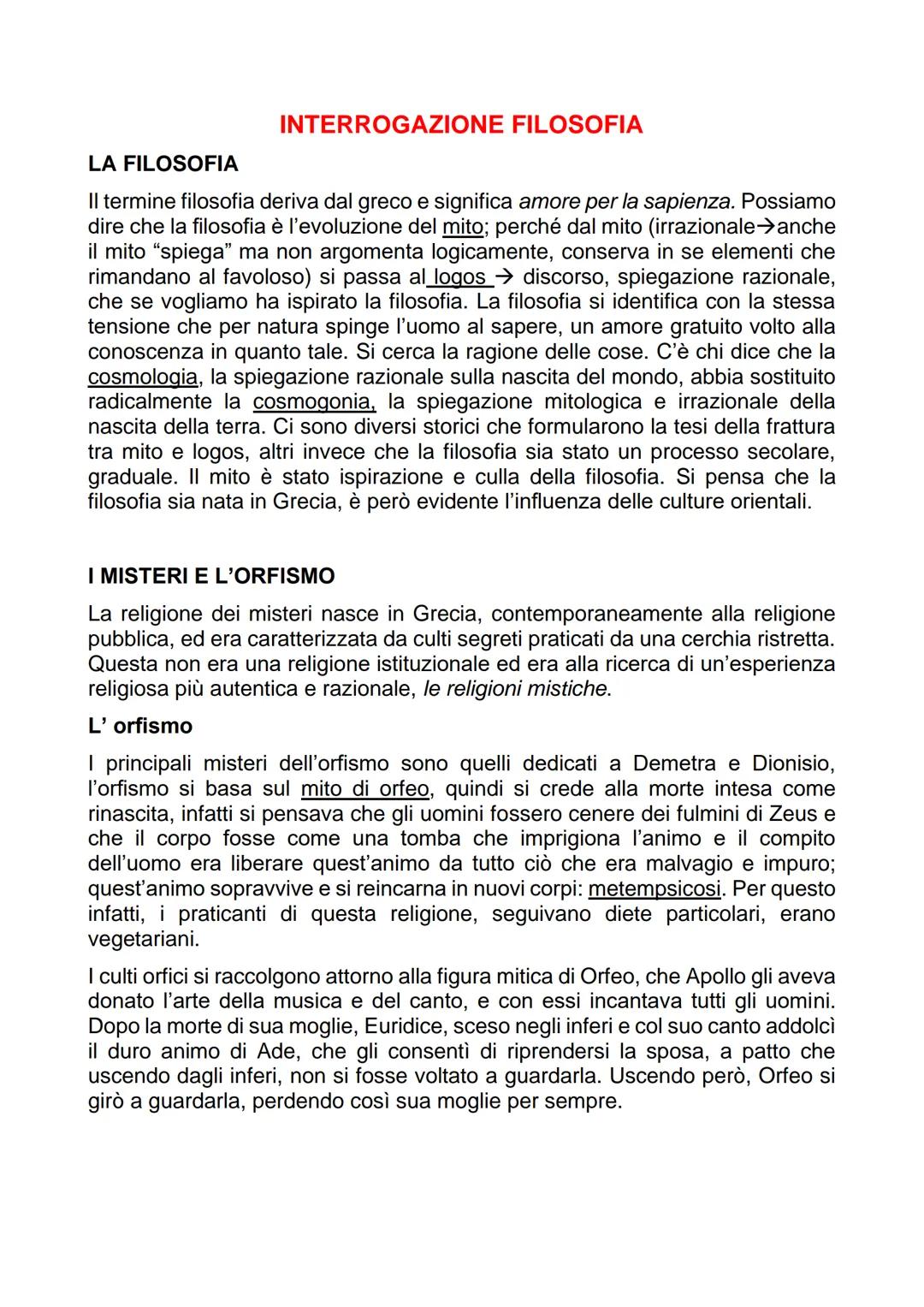 # INTERROGAZIONE FILOSOFIA

LA FILOSOFIA

Il termine filosofia deriva dal greco e significa amore per la sapienza. Possiamo
dire che la filo