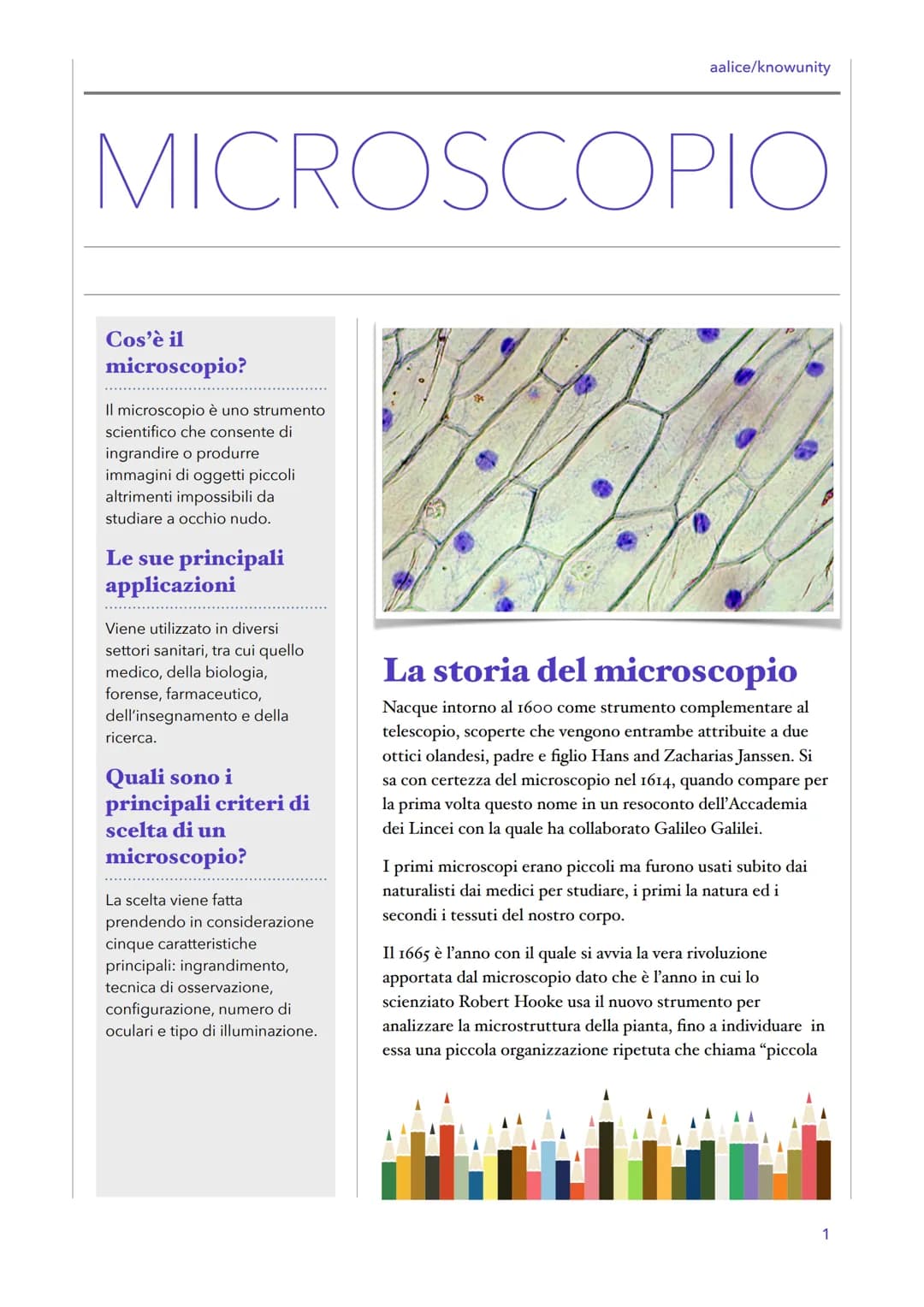 MICROSCOPIO
Cos'è il
microscopio?
Il microscopio è uno strumento
scientifico che consente di
ingrandire o produrre
immagini di oggetti picco