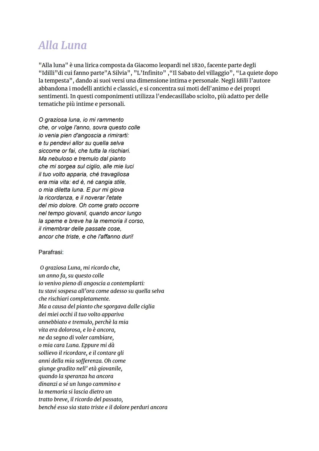 Alla Luna
"Alla luna" è una lirica composta da Giacomo leopardi nel 1820, facente parte degli
"Idilli" di cui fanno parte"A Silvia", "L'Infi