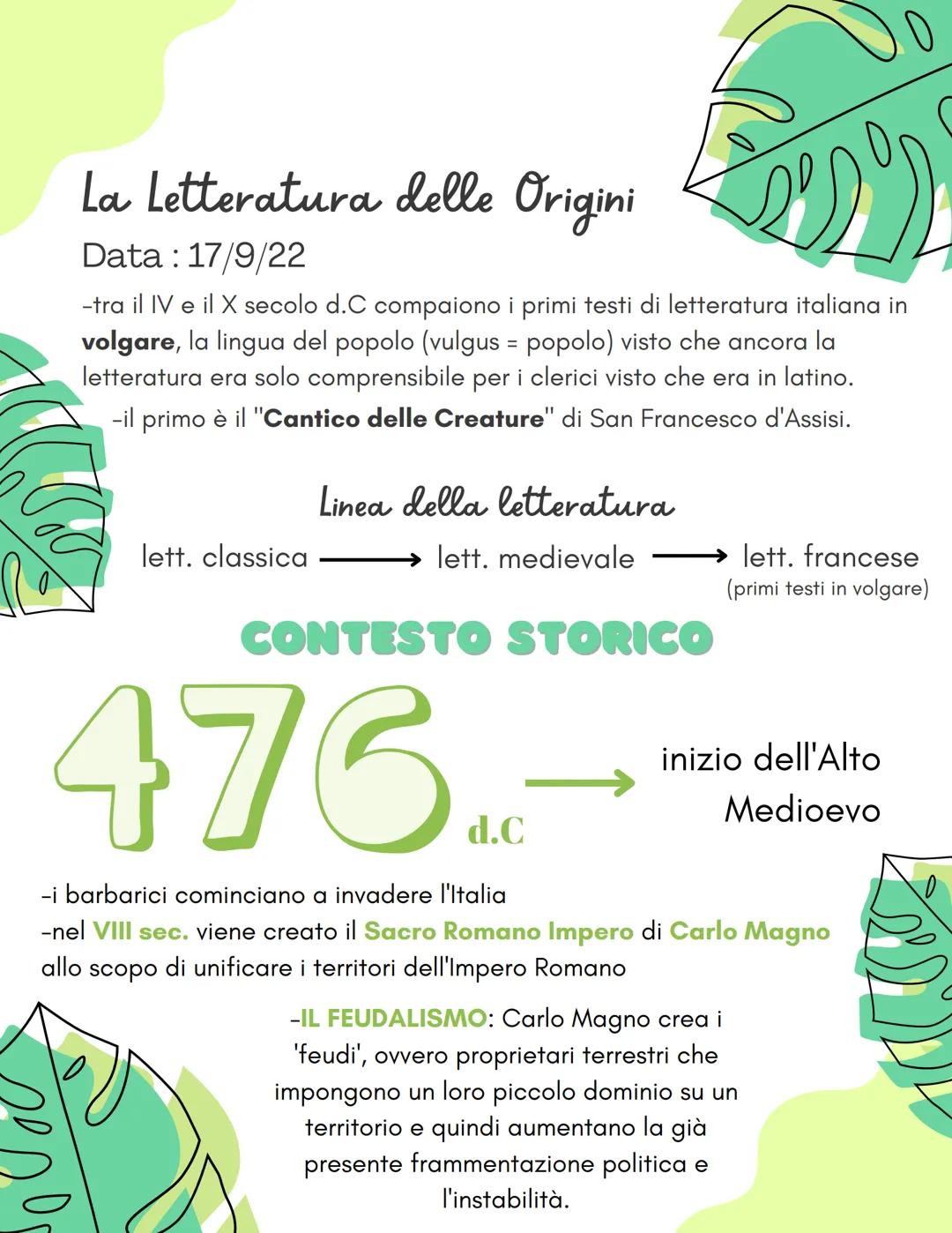2
La Letteratura delle Origini
Data: 17/9/22
-tra il IV e il X secolo d.C compaiono i primi testi di letteratura italiana in
volgare, la lin