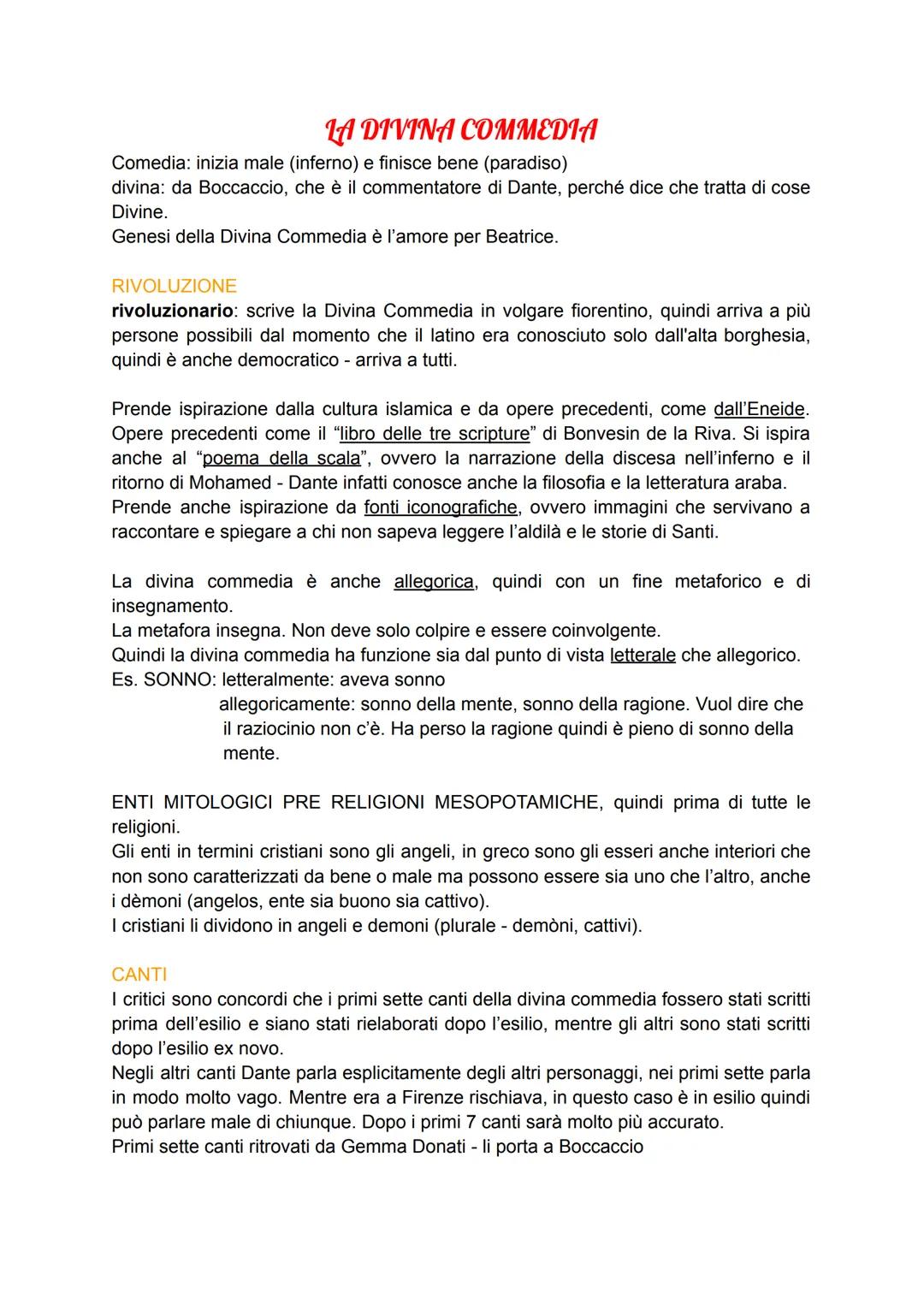 LA DIVINA COMMEDIA
Comedia: inizia male (inferno) e finisce bene (paradiso)
divina: da Boccaccio, che è il commentatore di Dante, perché dic