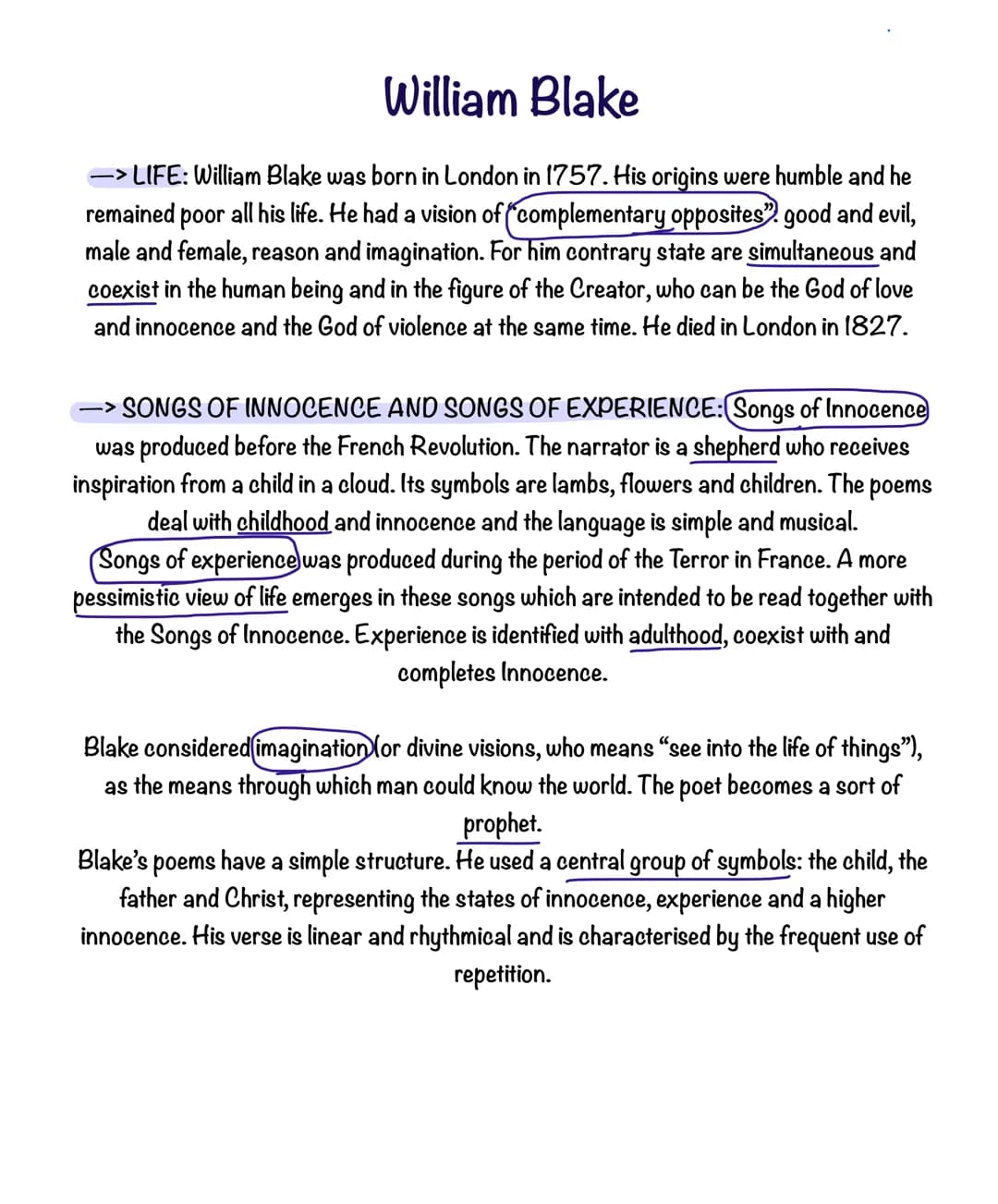 William Blake
—> LIFE: William Blake was born in London in 1757. His origins were humble and he
remained poor all his life. He had a vision 