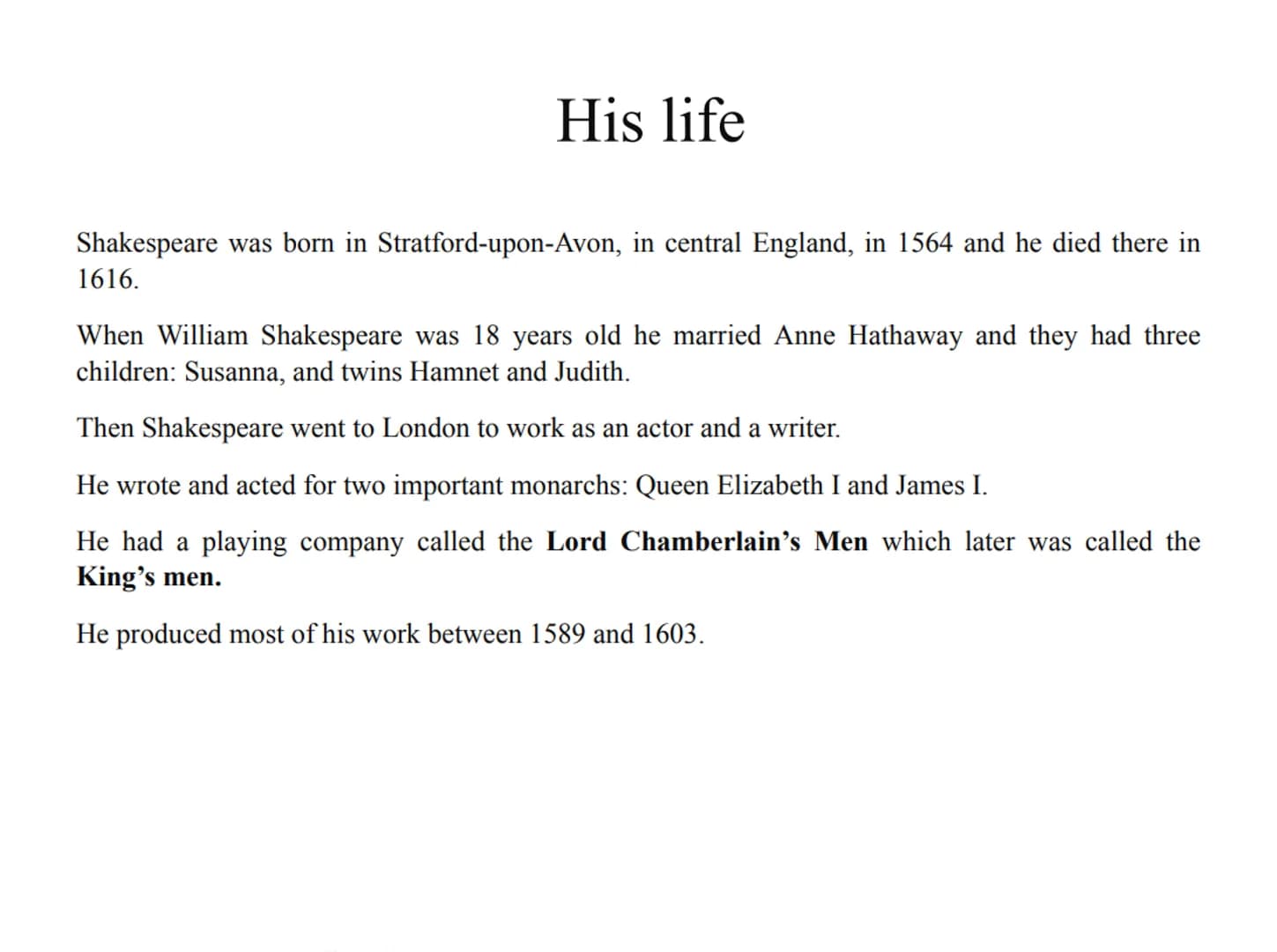 Who was William Shakespeare?
He was:
a poet
a playwright
an actor
Megico
Aptory and Cleopatre
King Henry V
We Hegry -Pars
Mach Meffead Mothi