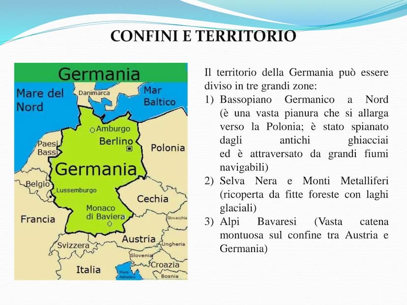 LA GERMANIA Mare del
Nord
Paesi
Bassi
Belgio
Germania
Danimarca
Francia
CONFINI E TERRITORIO
Amburgo
Berlino
Germania
Lussemburgo
Svizzera
M