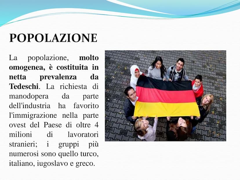 LA GERMANIA Mare del
Nord
Paesi
Bassi
Belgio
Germania
Danimarca
Francia
CONFINI E TERRITORIO
Amburgo
Berlino
Germania
Lussemburgo
Svizzera
M