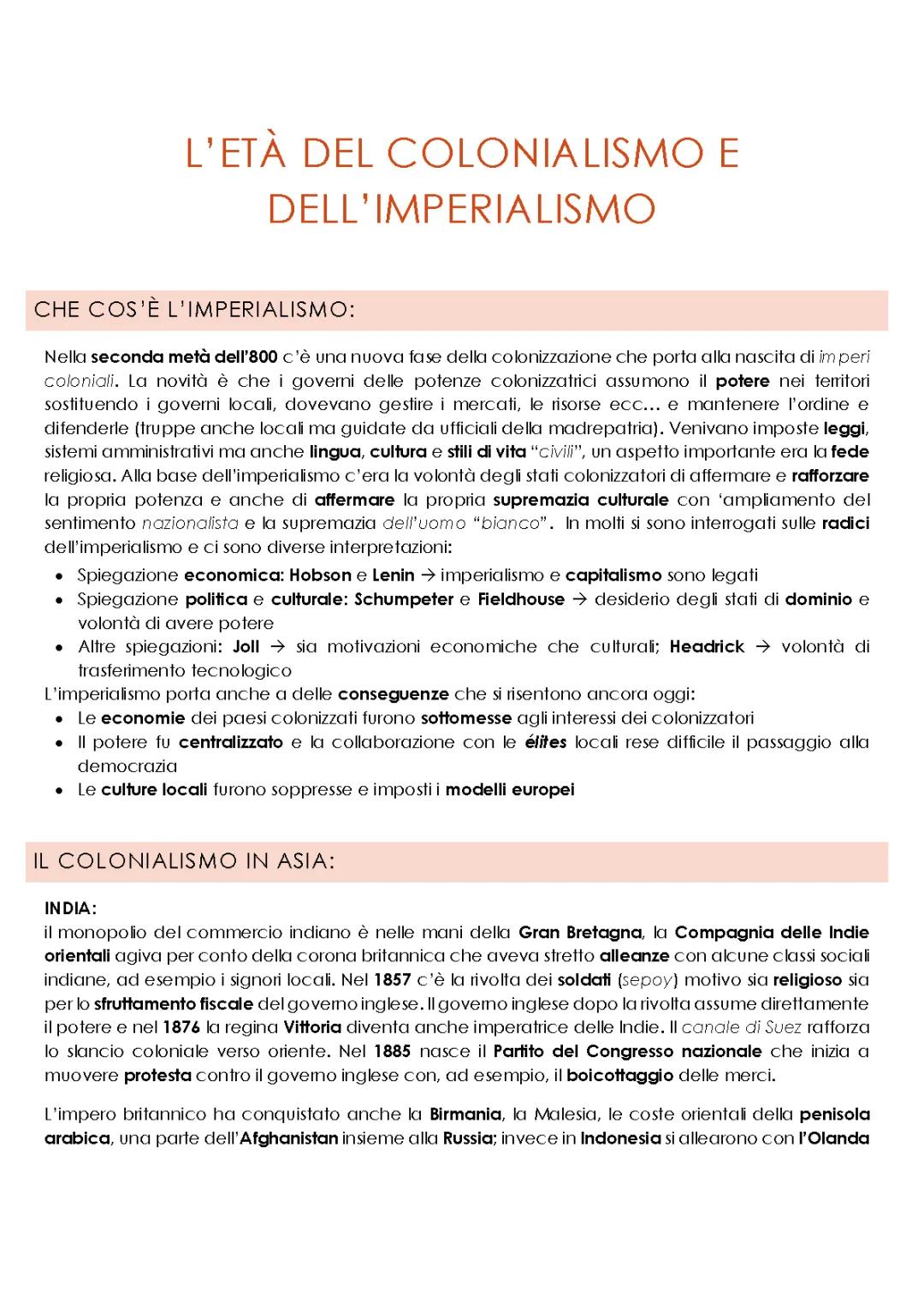 Imperialismo e Colonialismo fine '800: Schema e Riassunto PDF