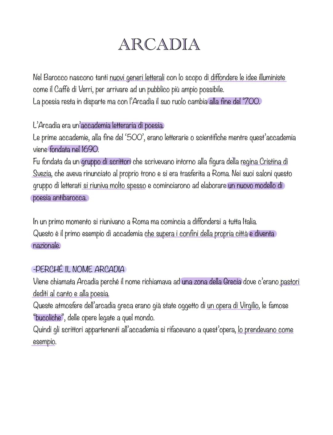 ARCADIA
Nel Barocco nascono tanti nuovi generi letterali con lo scopo di diffondere le idee illuministe
come il Caffè di Verri, per arrivare