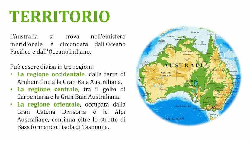 AUSTRALIA TERRITORIO
L'Australia si trova nell'emisfero
meridionale, è circondata dall'Oceano
Pacifico e dall'Oceano Indiano.
Può essere div
