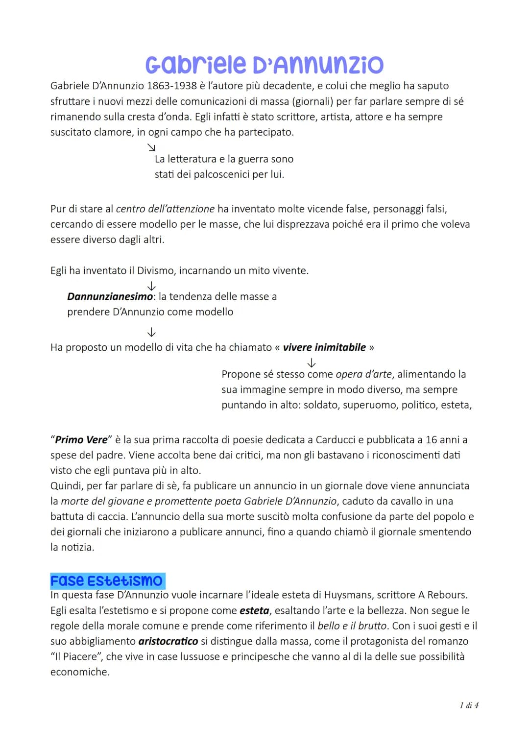Gabriele D'Annunzio
Gabriele D'Annunzio 1863-1938 è l'autore più decadente, e colui che meglio ha saputo
sfruttare i nuovi mezzi delle comun