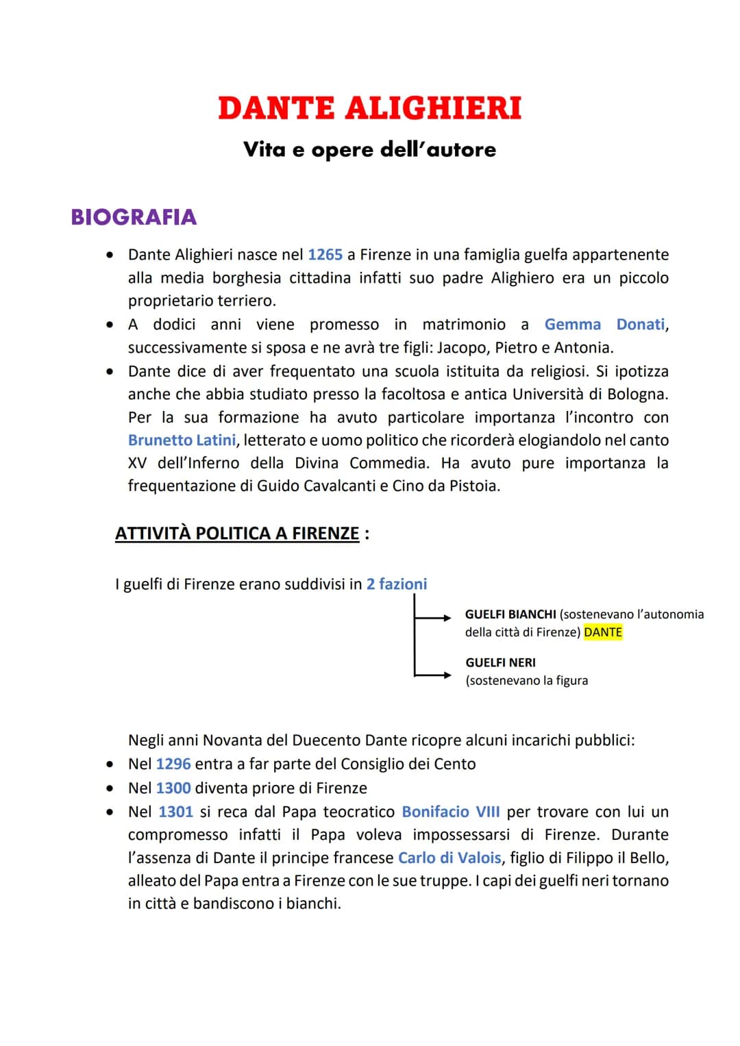 BIOGRAFIA
DANTE ALIGHIERI
Vita e opere dell'autore
Dante Alighieri nasce nel 1265 a Firenze in una famiglia guelfa appartenente
alla media b