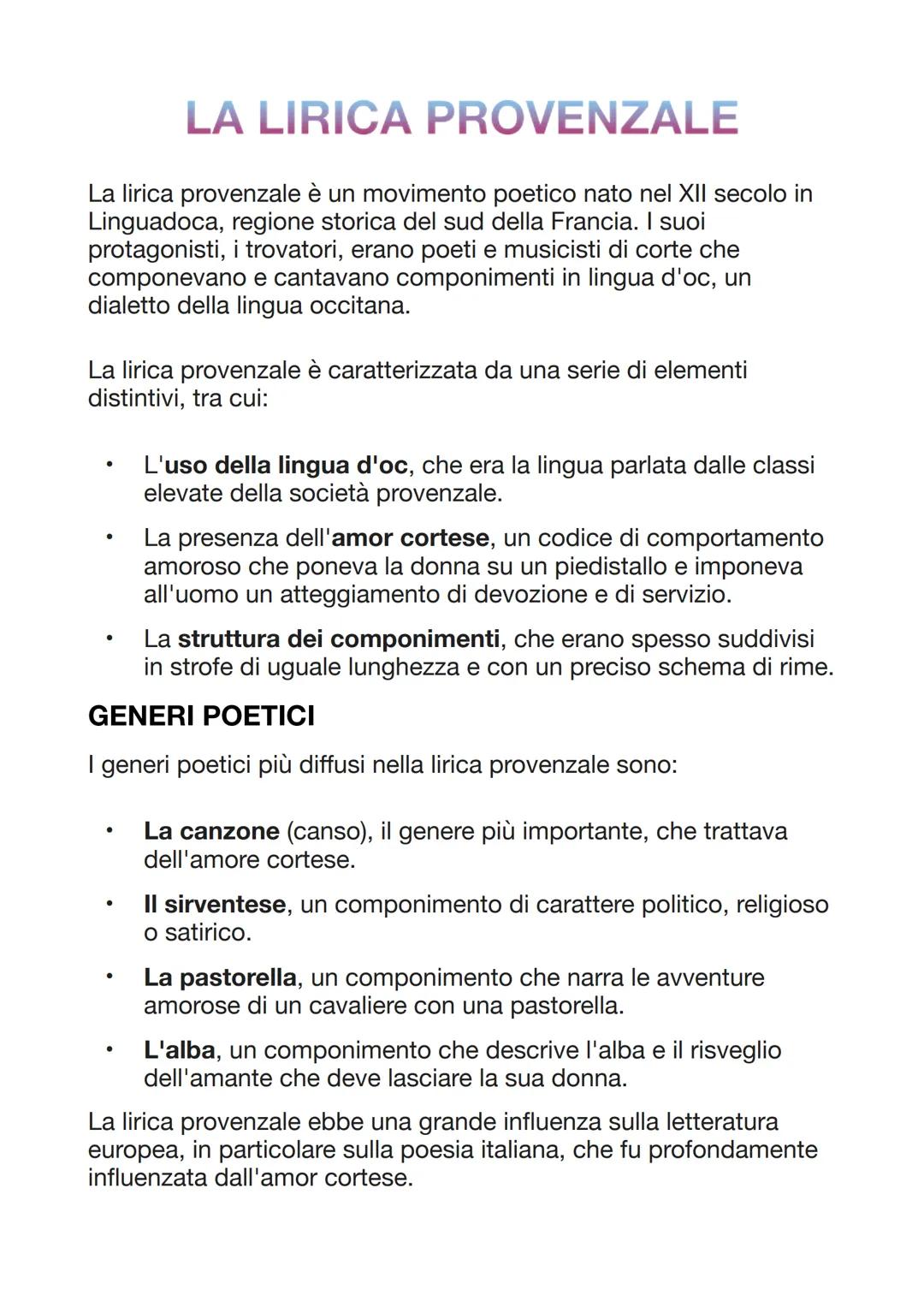 LA LIRICA PROVENZALE
La lirica provenzale è un movimento poetico nato nel XII secolo in
Linguadoca, regione storica del sud della Francia. I