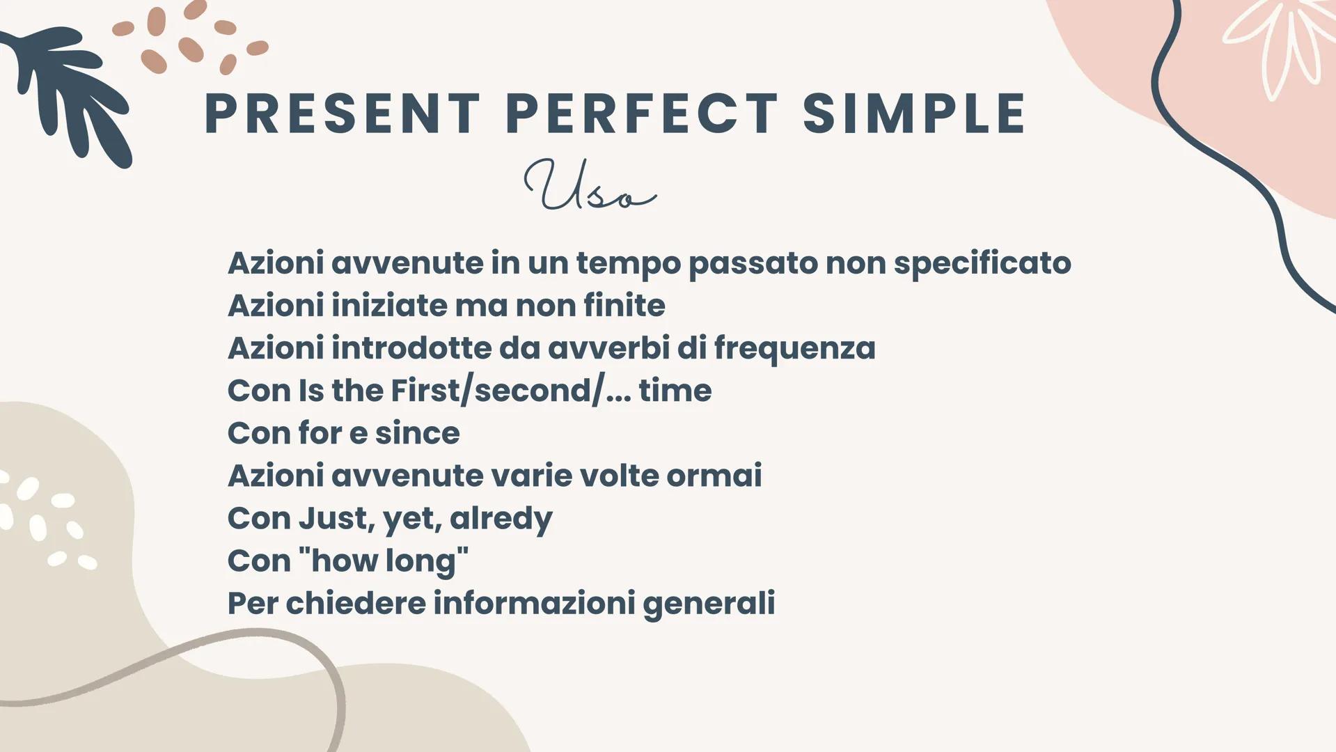 13
Tempi verbali
INGLESE
M PRESENT SIMPLE
Usa
Azioni abituali nel presente
Fatti scientifici o sempre veri
Orari dei servizi pubblici
Narrar