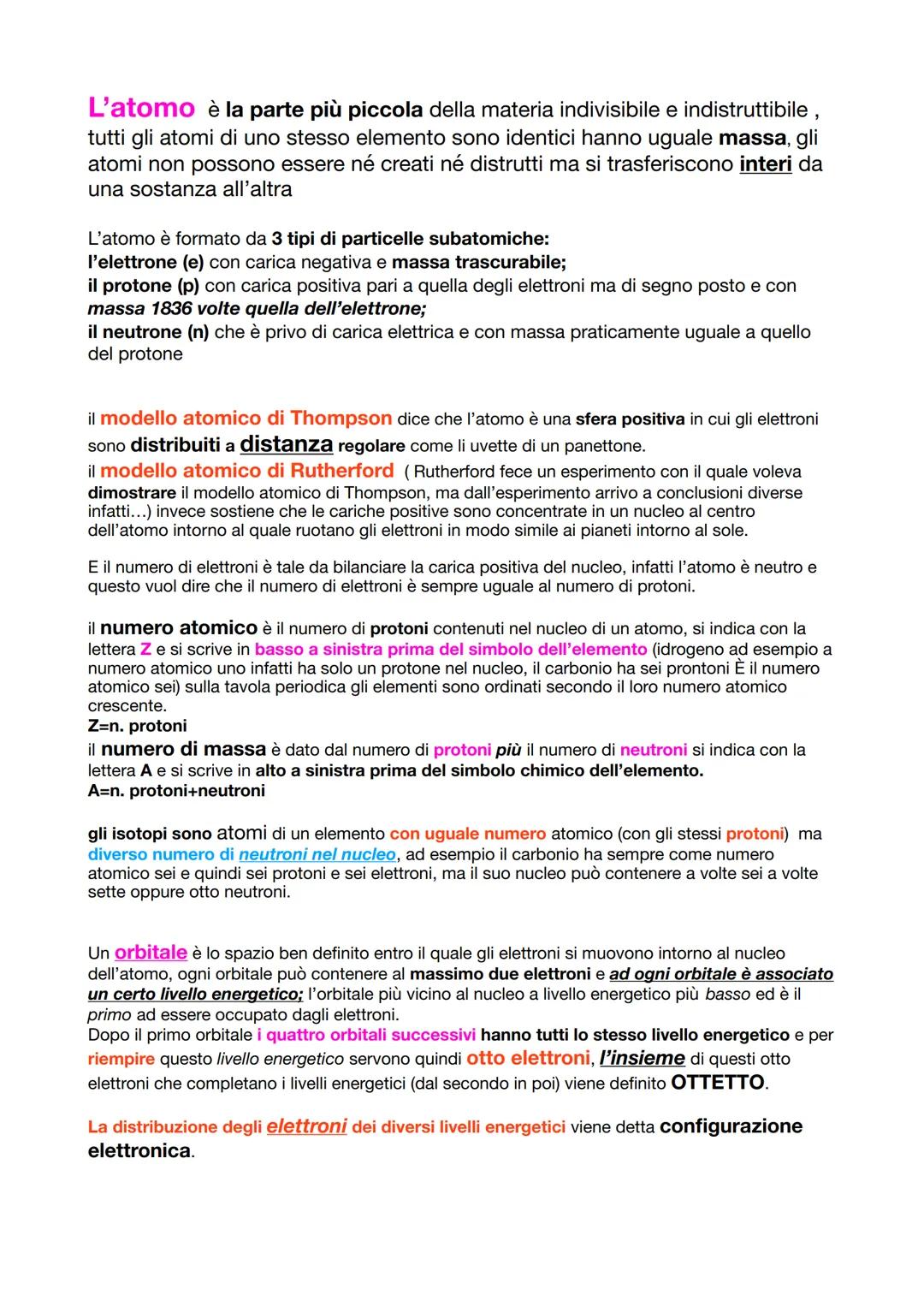 L'atomo è la parte più piccola della materia indivisibile e indistruttibile,
tutti gli atomi di uno stesso elemento sono identici hanno ugua