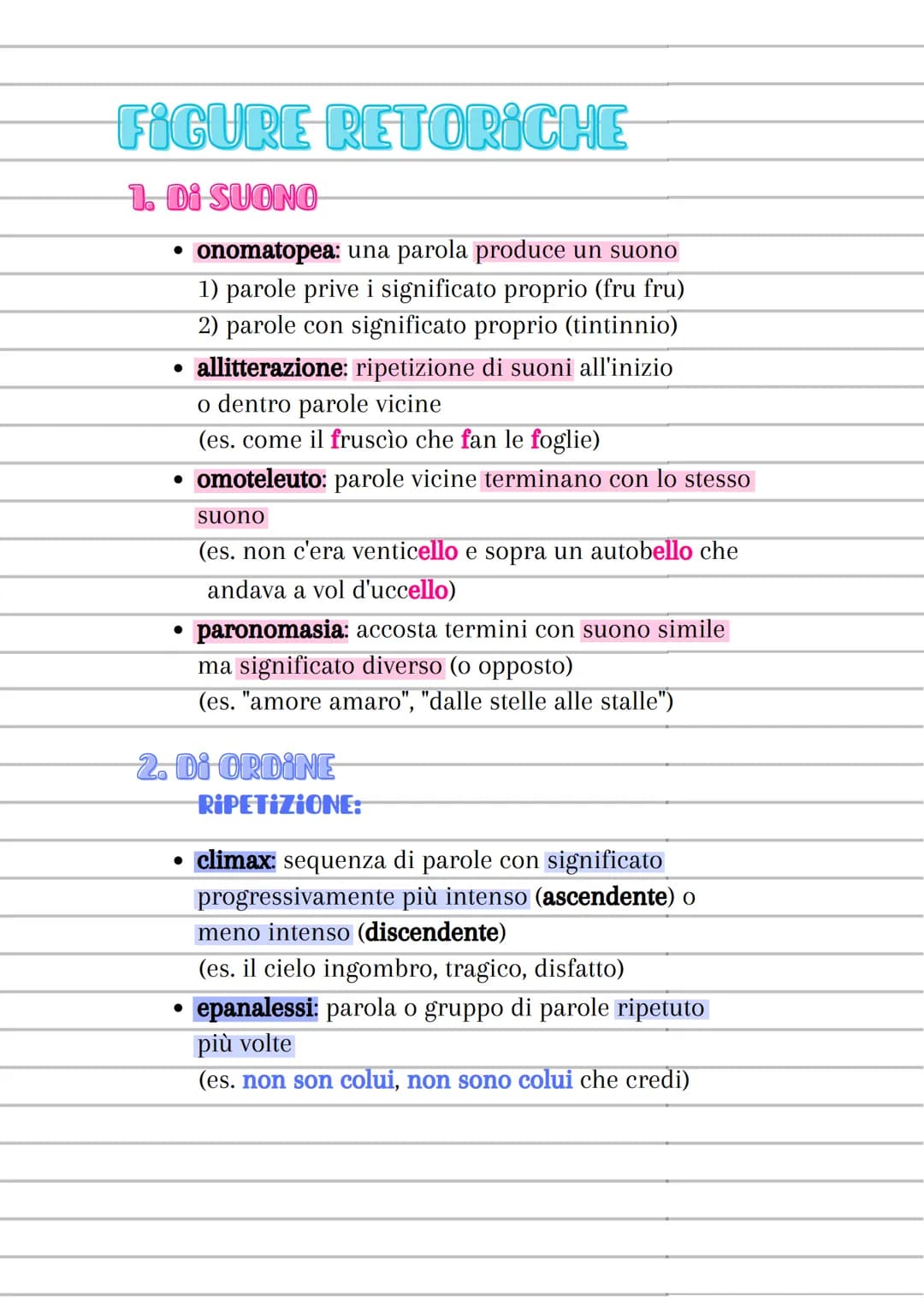FIGURE RETORICHE
1. Di SUONO
• onomatopea: una parola produce un suono
1) parole prive i significato proprio (fru fru)
2) parole con signifi