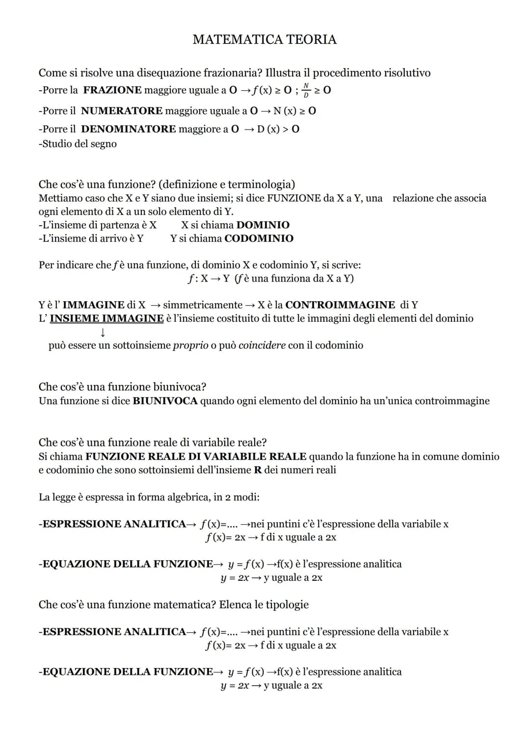 MATEMATICA TEORIA
Come si risolve una disequazione frazionaria? Illustra il procedimento risolutivo
-Porre la FRAZIONE maggiore uguale a O →