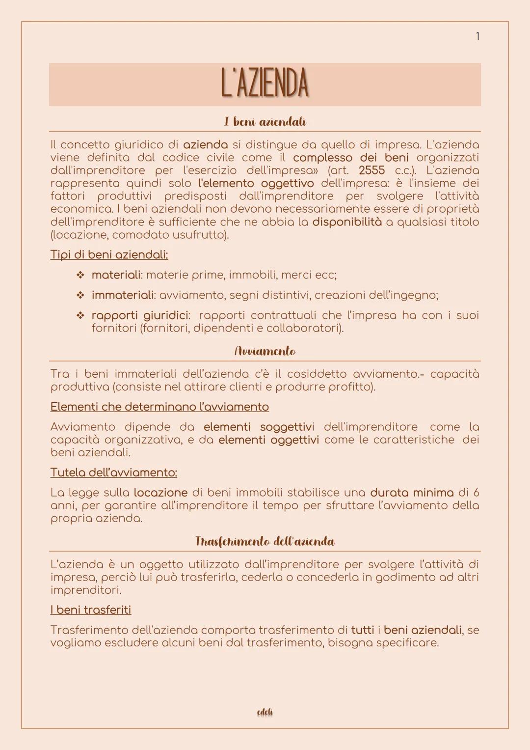 L'AZIENDA
1
I beni aziendali
Il concetto giuridico di azienda si distingue da quello di impresa. L'azienda
viene definita dal codice civile 