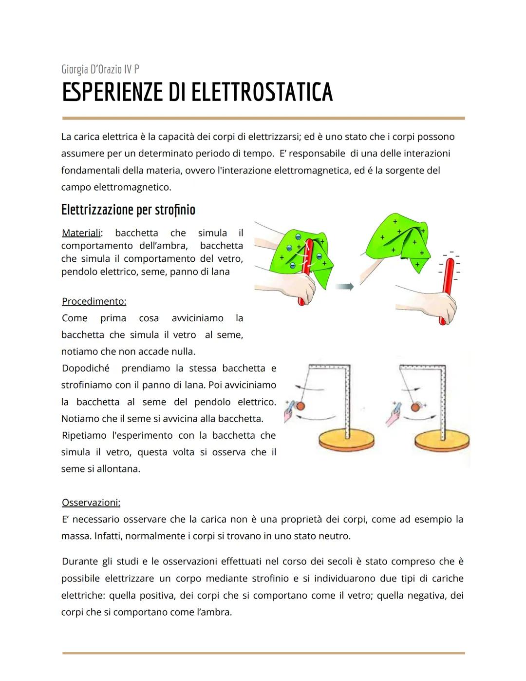 Giorgia D'Orazio IV P
ESPERIENZE DI ELETTROSTATICA
La carica elettrica è la capacità dei corpi di elettrizzarsi; ed è uno stato che i corpi 