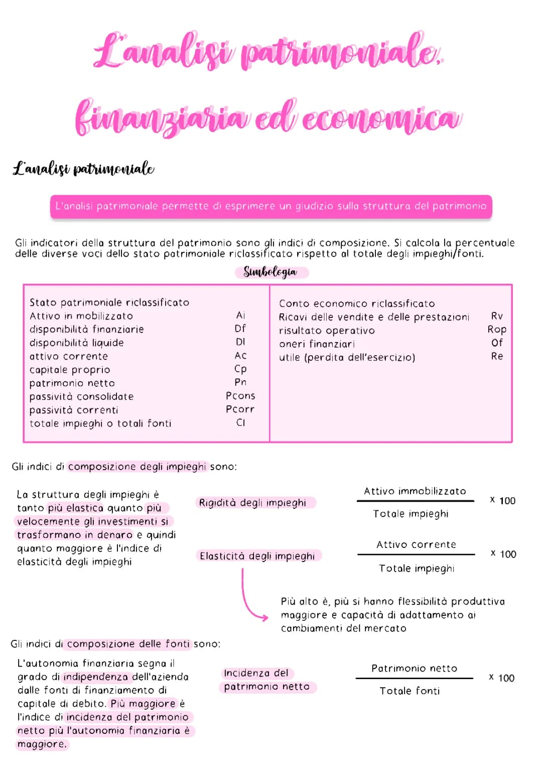 Schema Stato Patrimoniale e Analisi di Bilancio per Indici