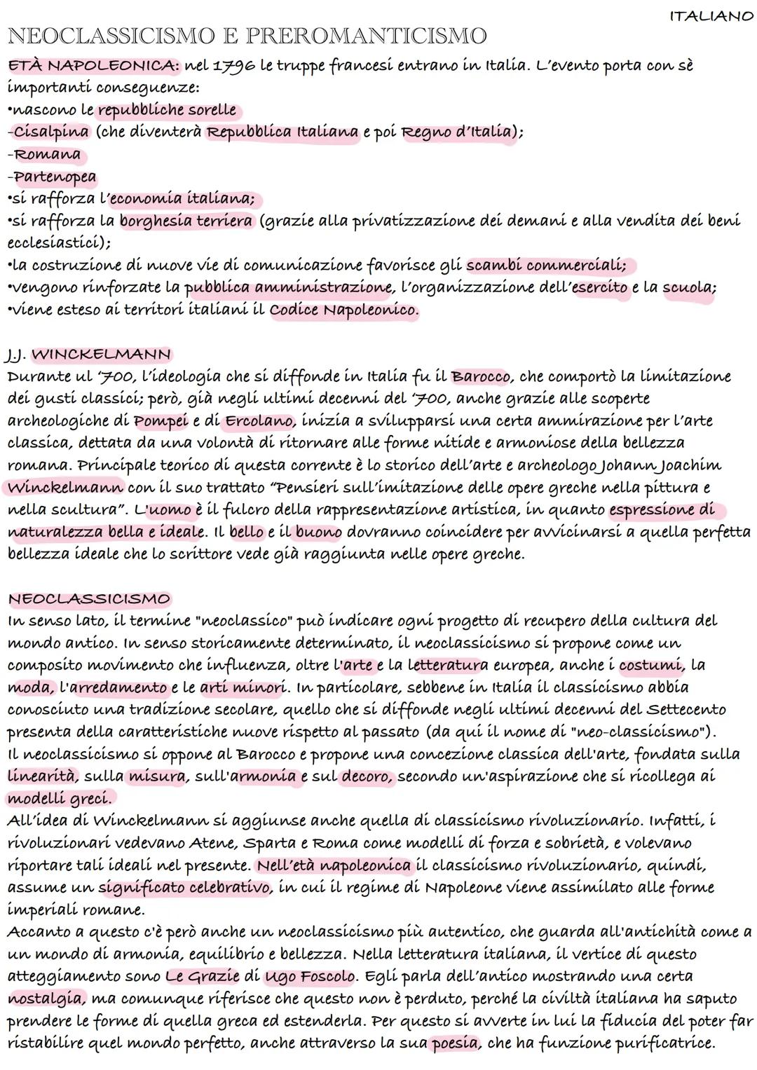 ITALIANO
NEOCLASSICISMO E PREROMANTICISMO
ETÀ NAPOLEONICA: nel 1796 le truppe francesi entrano in Italia. L'evento porta con sè
importanti c