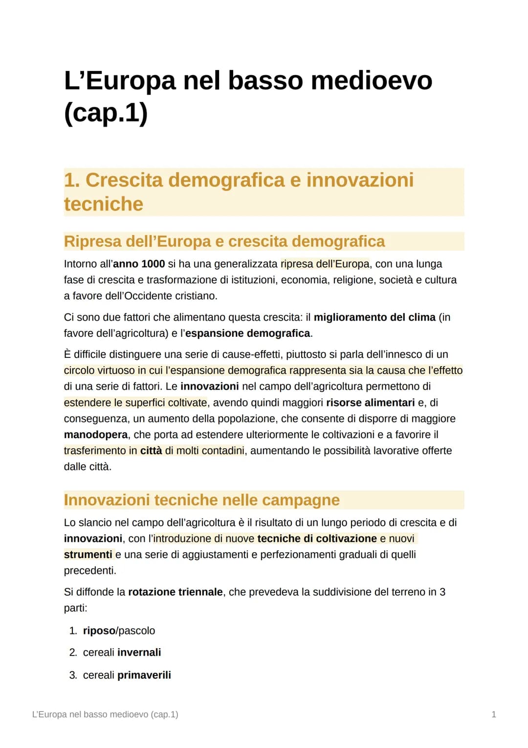 L'Europa nel basso medioevo
(cap.1)
1. Crescita demografica e innovazioni
tecniche
Ripresa dell'Europa e crescita demografica
Intorno all'an