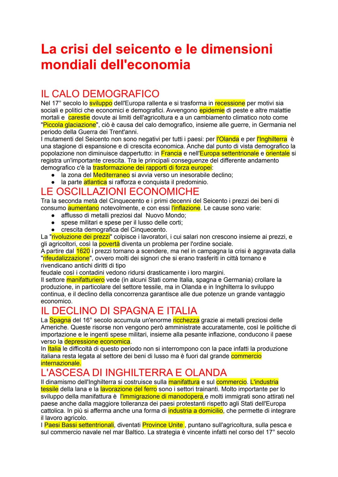 La crisi del seicento e le dimensioni
mondiali dell'economia
IL CALO DEMOGRAFICO
Nel 17° secolo lo sviluppo dell'Europa rallenta e si trasfo