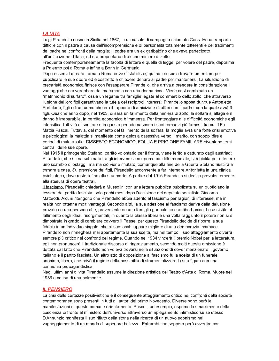 LUIGI PIRANDELLO RIASSUNTO COMPLETO PER MATURITA'