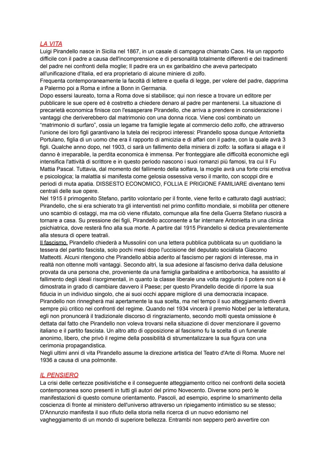 LA VITA
Luigi Pirandello nasce in Sicilia nel 1867, in un casale di campagna chiamato Caos. Ha un rapporto
difficile con il padre a causa de