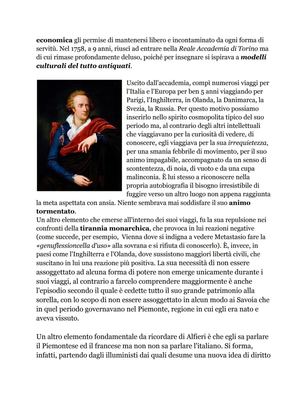 Contesto storico
Per inquadrare la figura di Alfieri è necessario dire che fra la fine del
Settecento e l'inizio dell'Ottocento, precisament