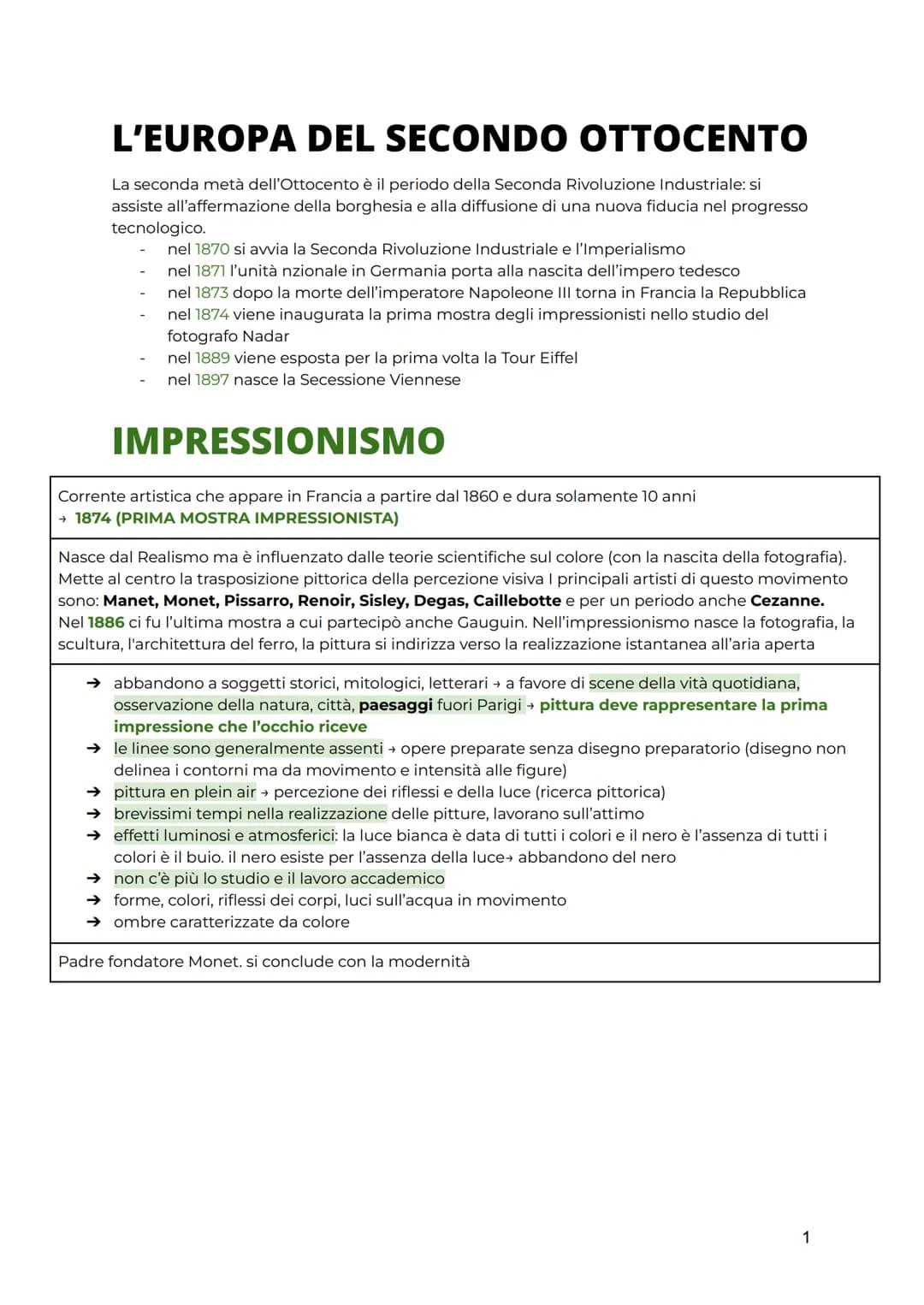 Programma arte 5 anno - Impressionismo, Simbolismo, Van Gogh