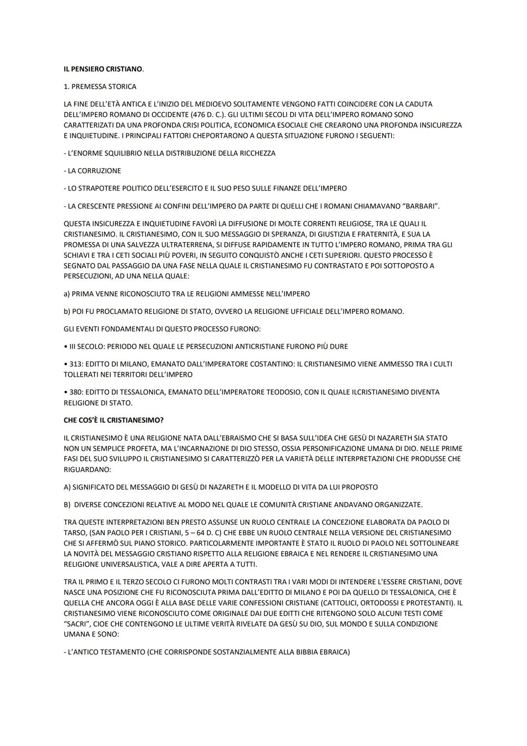 IL PENSIERO CRISTIANO.
1. PREMESSA STORICA
LA FINE DELL'ETÀ ANTICA E L'INIZIO DEL MEDIOEVO SOLITAMENTE VENGONO FATTI COINCIDERE CON LA CADUT