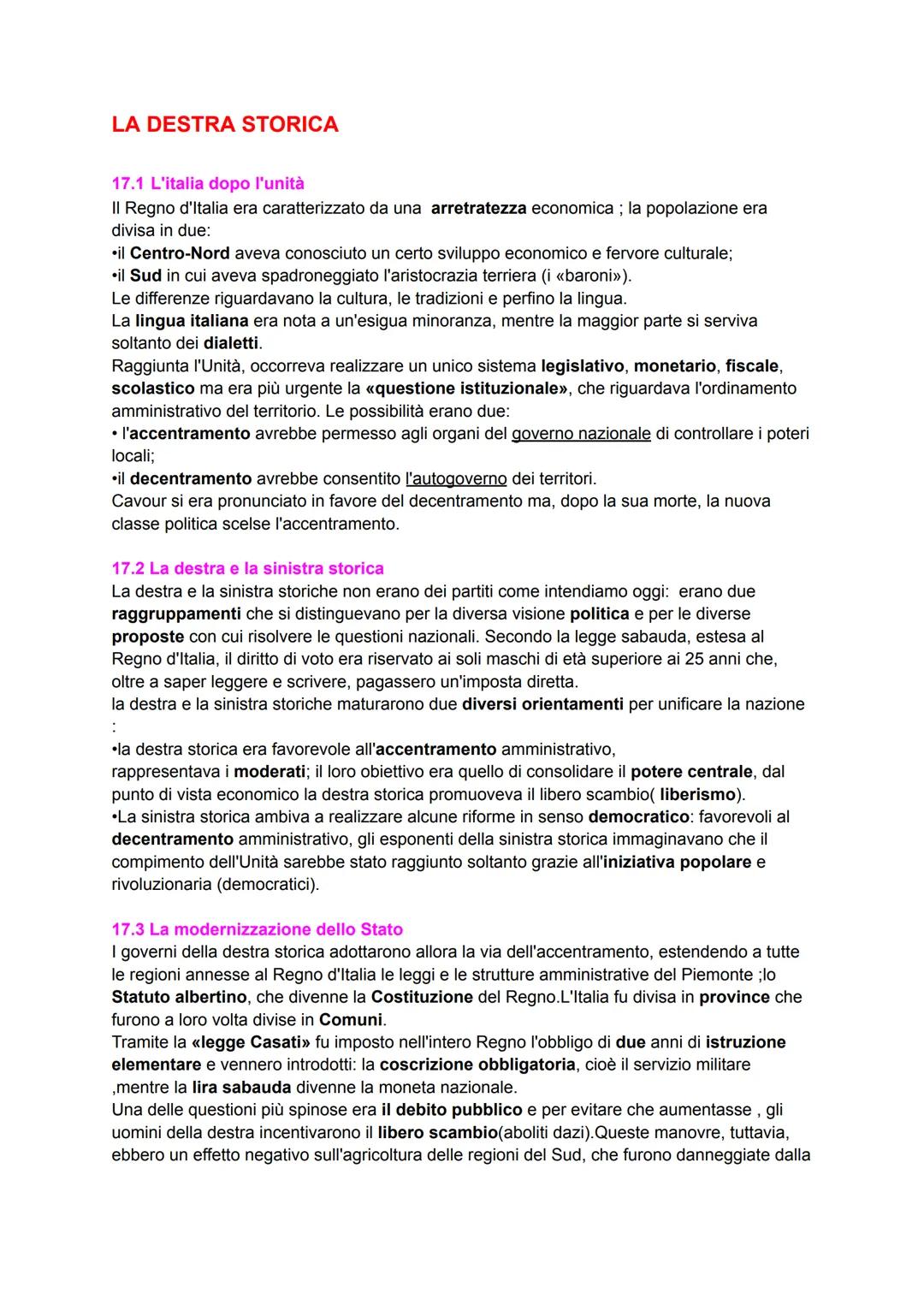 LA DESTRA STORICA
17.1 L'italia dopo l'unità
Il Regno d'Italia era caratterizzato da una arretratezza economica; la popolazione era
divisa i