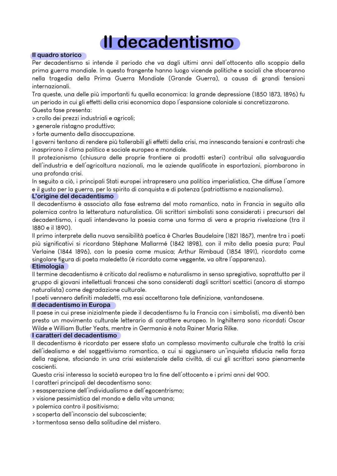# II decadentismo

II quadro storico

Per decadentismo si intende il periodo che va dagli ultimi anni dell'ottocento allo scoppio della
prim