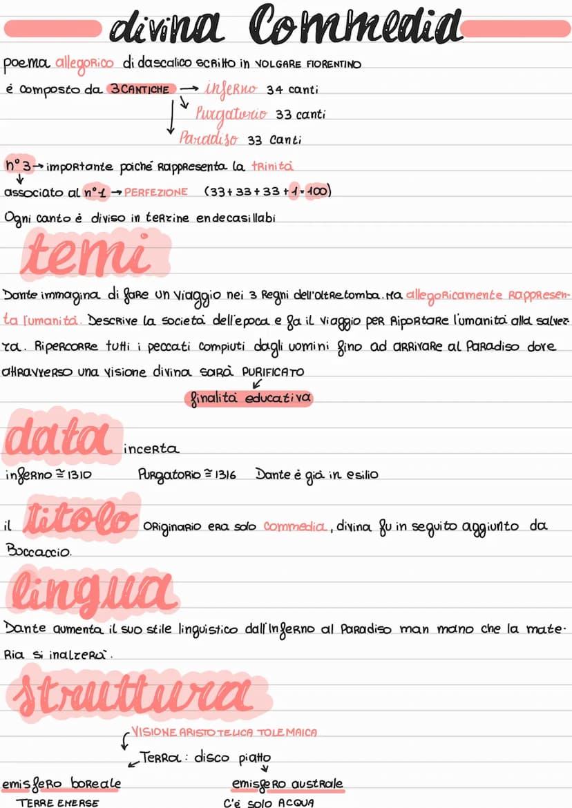 poema allegorico di dascalico scritto in VOLGARE FIORENTINO
è composto da 3 CANTICHE → inferno 34 canti
Purgatverio 33 canti
Paradiso 33 can