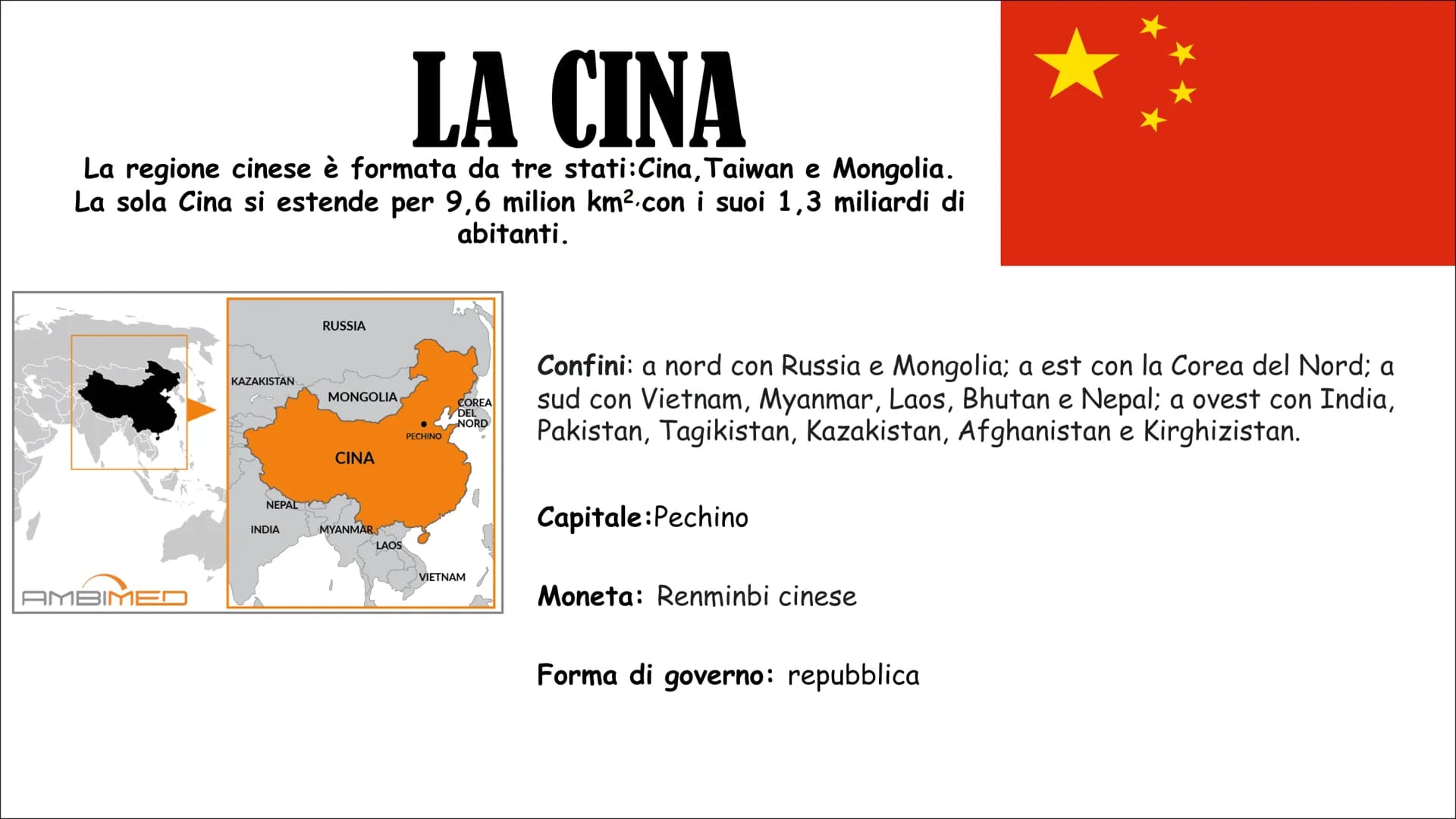 LA CINA
La regione cinese è formata da tre stati:Cina, Taiwan e Mongolia.
La sola Cina si estende per 9,6 milion km² con i suoi 1,3 miliardi