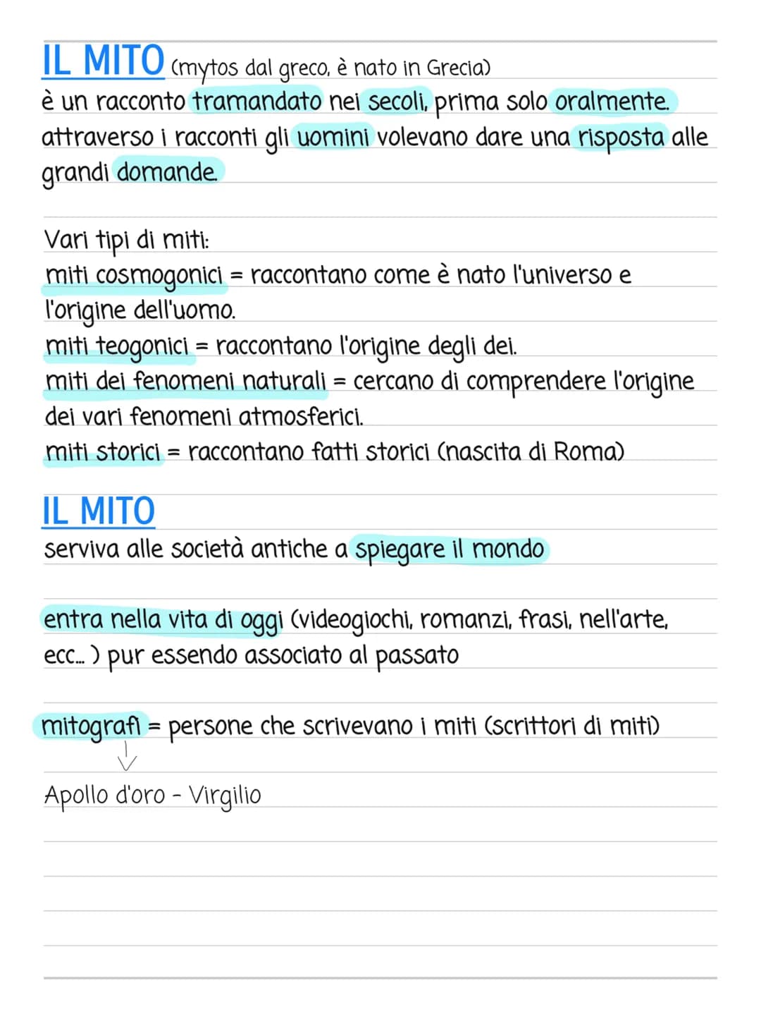 IL MITO (mytos dal greco, è nato in Grecia)
è un racconto tramandato nei secoli, prima solo oralmente.
attraverso i racconti gli uomini vole