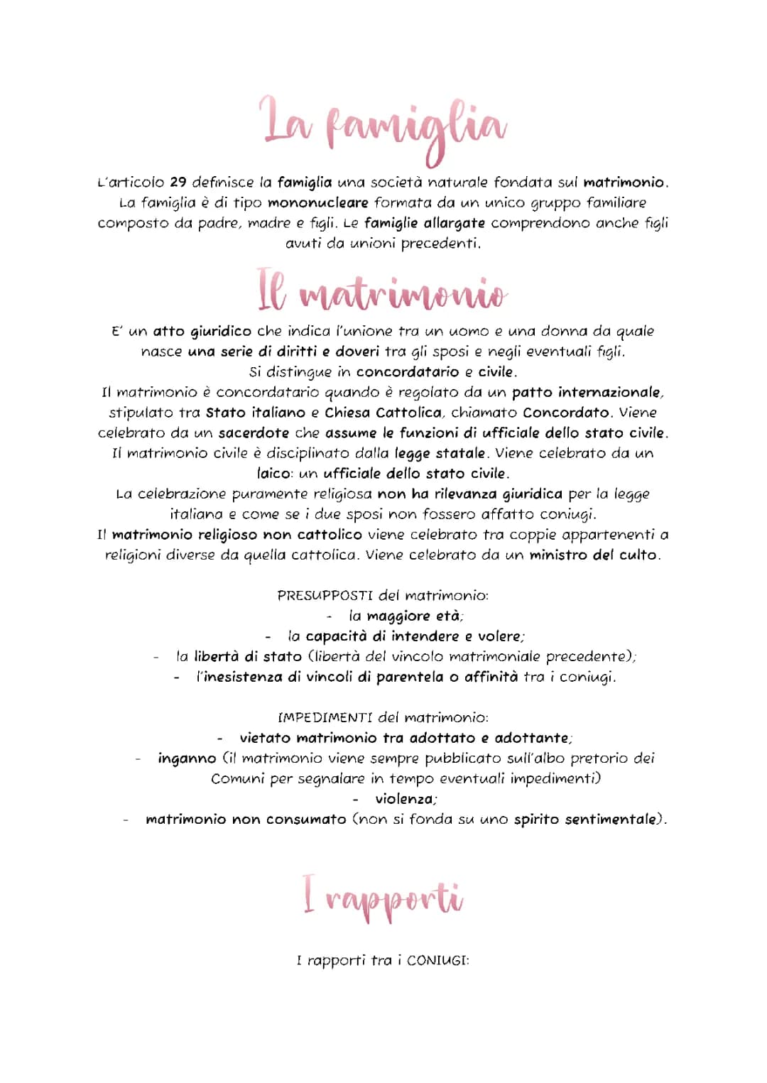 La famiglia, il matrimonio, i rapporti, l'adozione e l'affidamento, la separazione e il divorzio, e l'unione civile