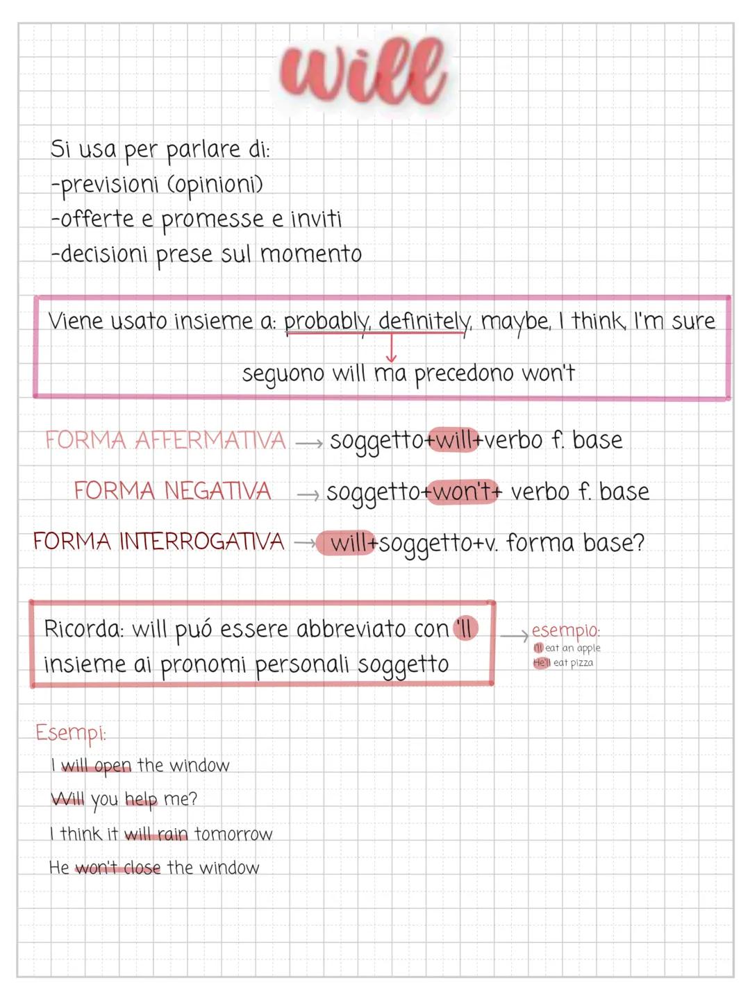 will
Si usa per parlare di:
-previsioni (opinioni)
-offerte e promesse e inviti
-decisioni prese sul momento
Viene usato insieme a: probably