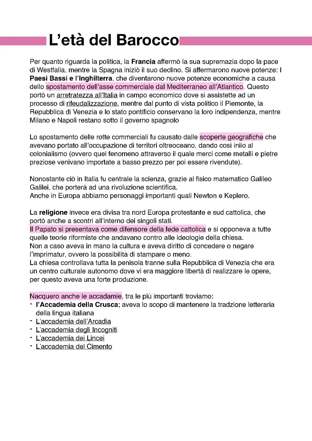 Barocco: Caratteristiche e Galileo Galilei - Riassunto