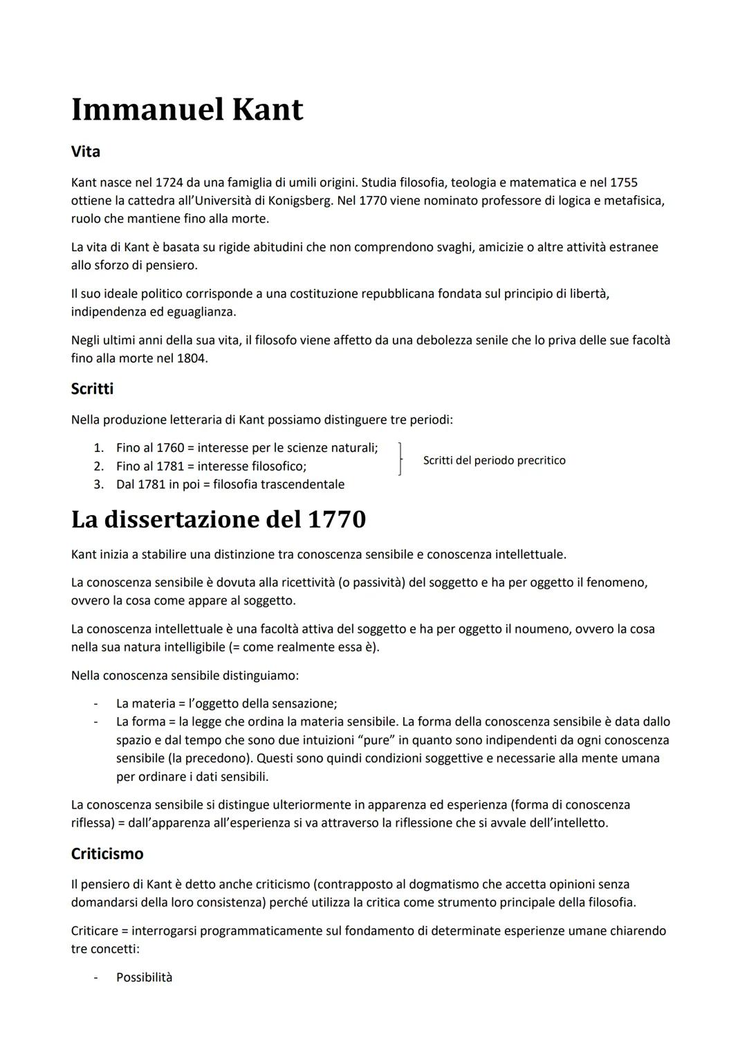Immanuel Kant
Vita
Kant nasce nel 1724 da una famiglia di umili origini. Studia filosofia, teologia e matematica e nel 1755
ottiene la catte