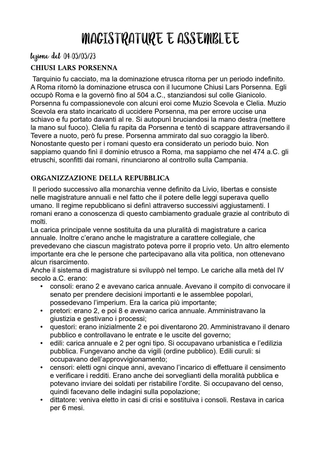 lezione del 04-05/05/23
CHIUSI LARS PORSENNA
Tarquinio fu cacciato, ma la dominazione etrusca ritorna per un periodo indefinito.
A Roma rito