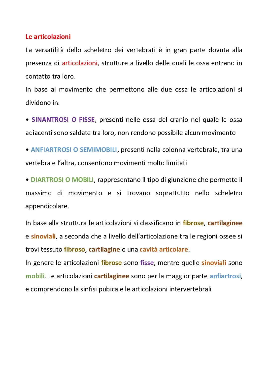 Le articolazioni: schema e riassunto