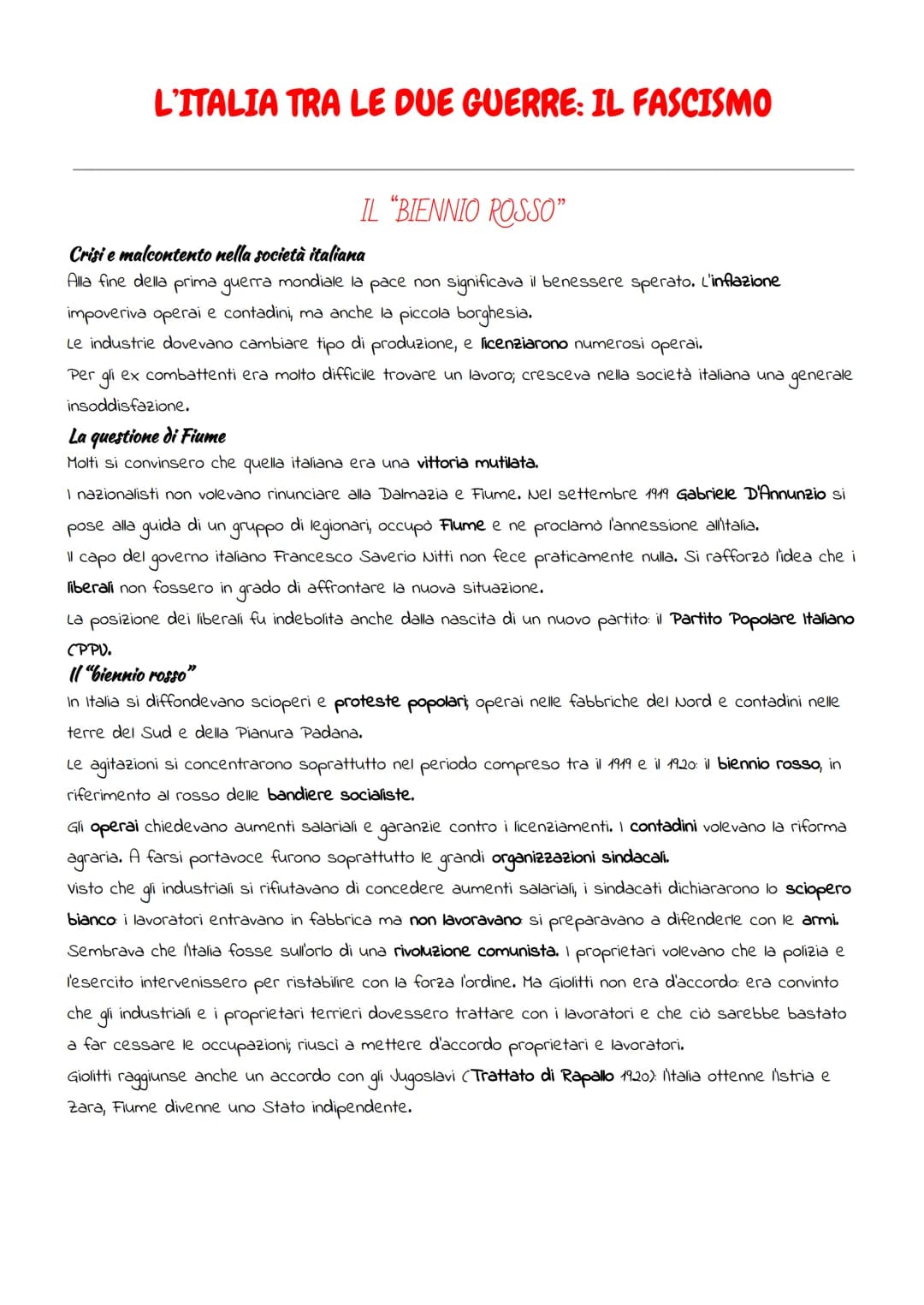 L'ITALIA TRA LE DUE GUERRE: IL FASCISMO
IL "BIENNIO ROSSO"
Crisi e malcontento nella società italiana
Alla fine della prima guerra mondiale 