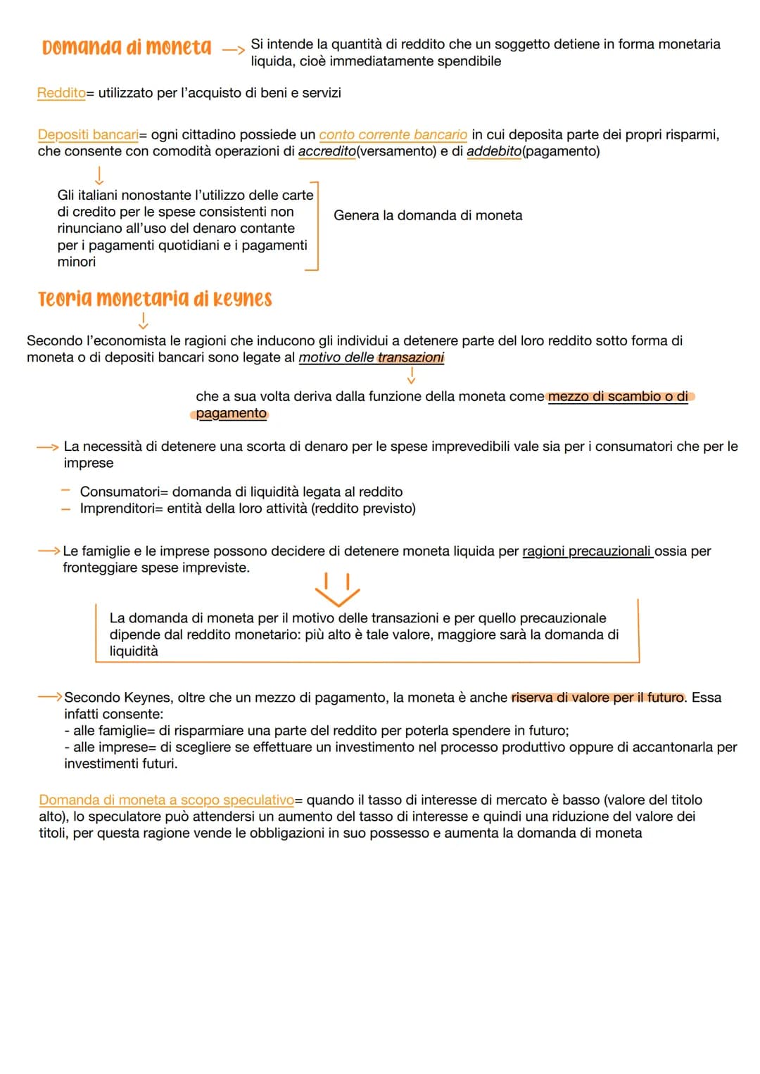Domanda di moneta -> Si intende la quantità di reddito che un soggetto detiene in forma monetaria
liquida, cioè immediatamente spendibile
Re