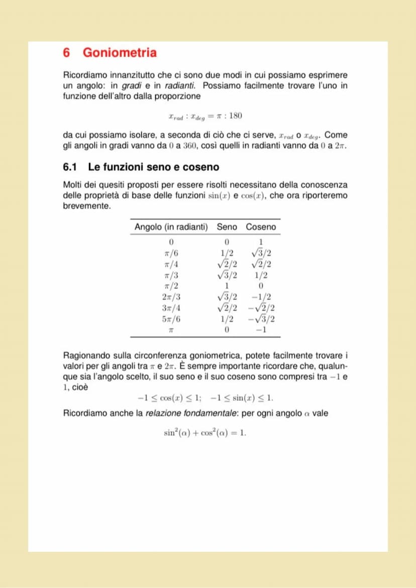 Goniometria
Math
+
HE
= 6 Goniometria
Ricordiamo innanzitutto che ci sono due modi in cui possiamo esprimere
un angolo: in gradi e in radian