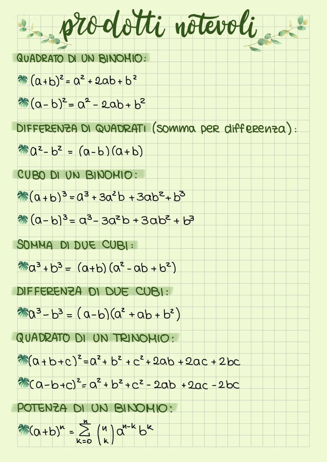 2 prodotti notevoli
QUADRATO DI UN BINOMIO:
(a+b)² = a² + 2ab + b²
(a-b)²=a² - 2ab + b²
DIFFERENZA DI QUADRATI (somma per differenza):
a²-b²