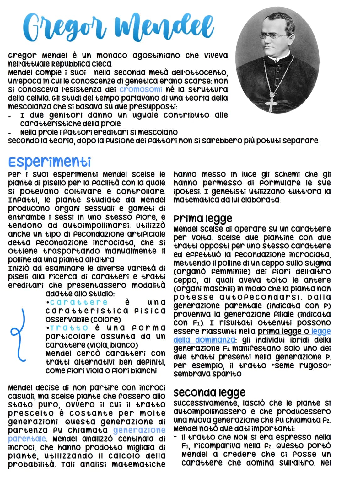 Gregor Mendel
Gregor Mendel è un monaco agostiniano che viveva
nell'attuale Repubblica cieca.
Mendel compie i suoi nella seconda metà dell'O