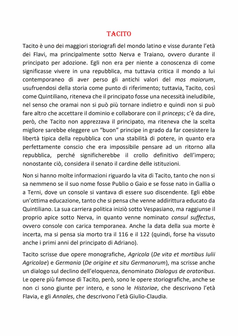 
<p>Tacito è uno dei maggiori storiografi del mondo latino. Visse durante l'età dei Flavi e soprattutto sotto i principati di Nerva e Traian