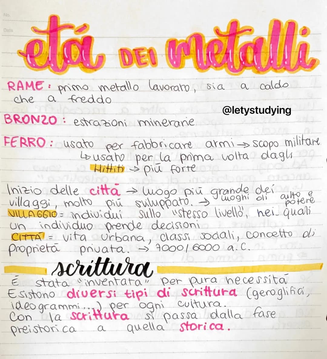 No.
etár
RAME primo metallo lavorato, sia
7
che a freddo.
Date
DEI metalli
a caldo
la
BRONZO: estrazioni minerare.
@letystudying
FERRO: usat