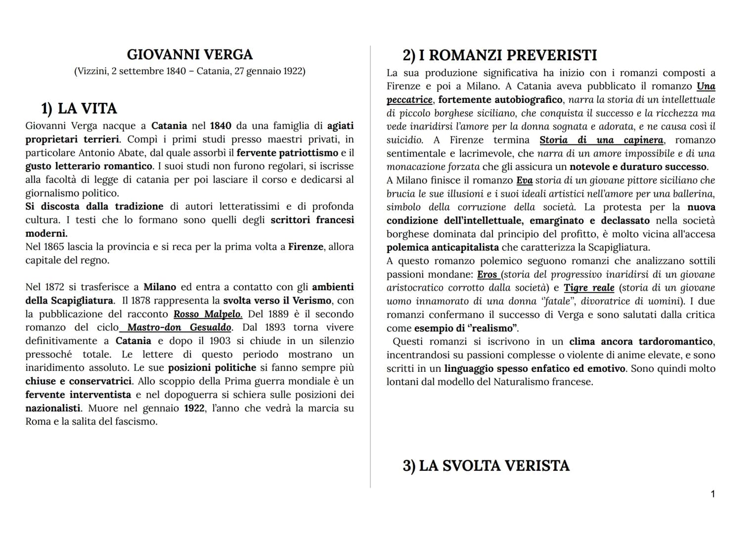 GIOVANNI VERGA
(Vizzini, 2 settembre 1840 - Catania, 27 gennaio 1922)
1) LA VITA
Giovanni Verga nacque a Catania nel 1840 da una famiglia di